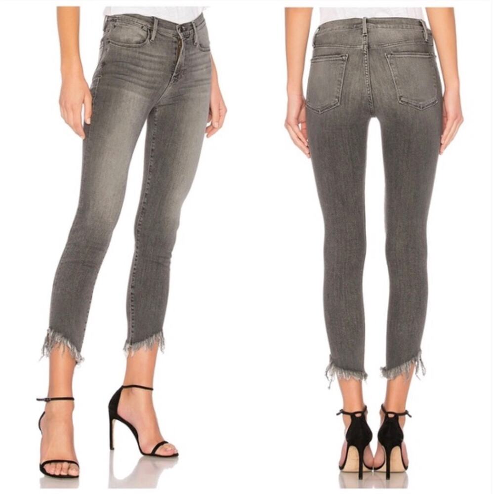 FRAME Le High Skinny Sz 27 Fringe Hem Light‎ Black Jeans High Rise Boho Raw